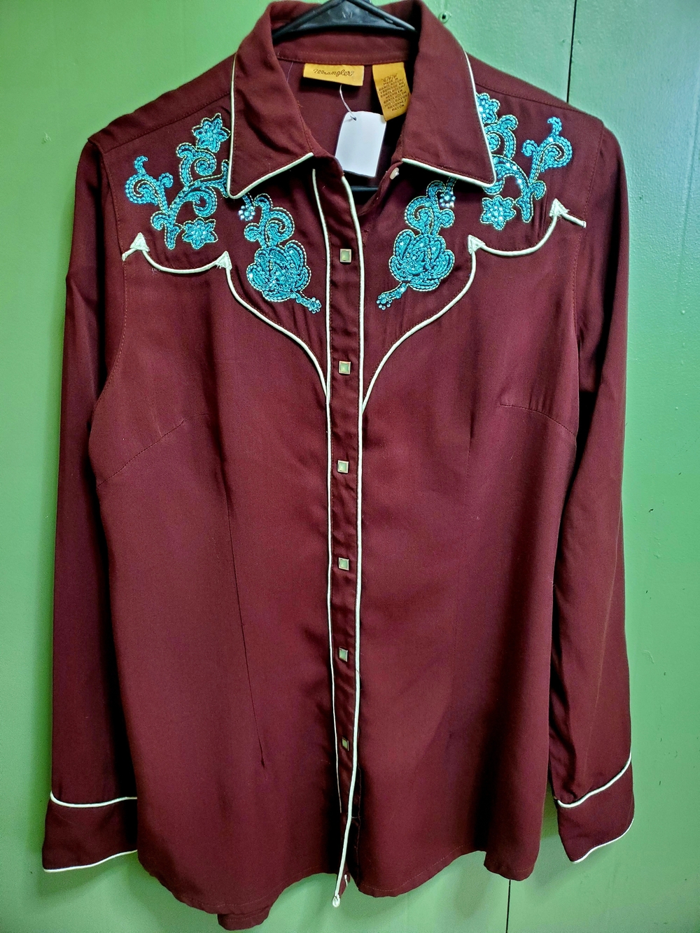 Vintage Wrangler Brown Western Button-Down Shirt with Turquoise Embroidery
